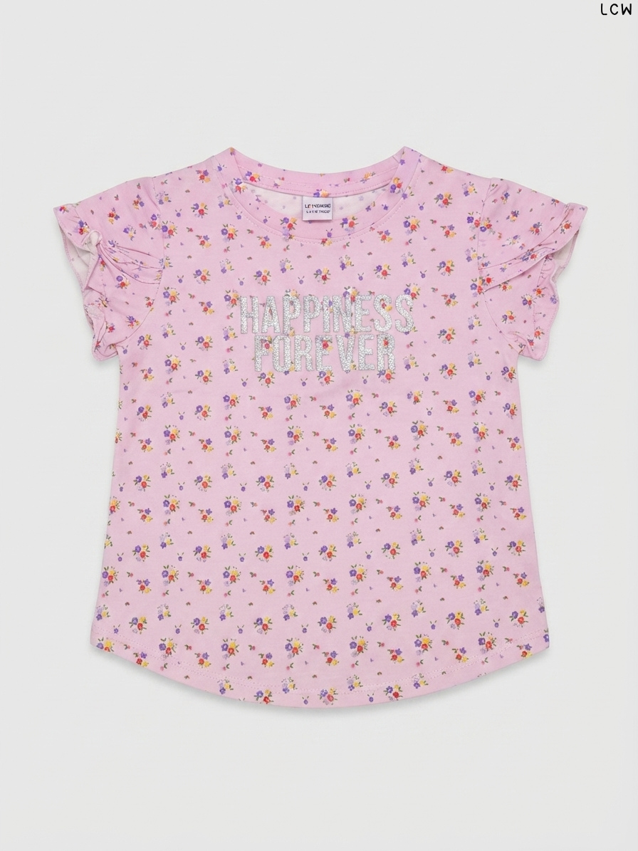 LCW "Happiness Forever" Floral Ruffle-Sleeve Girls' T-Shirt (Pink)