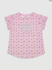 LCW "Happiness Forever" Floral Ruffle-Sleeve Girls' T-Shirt (Pink)