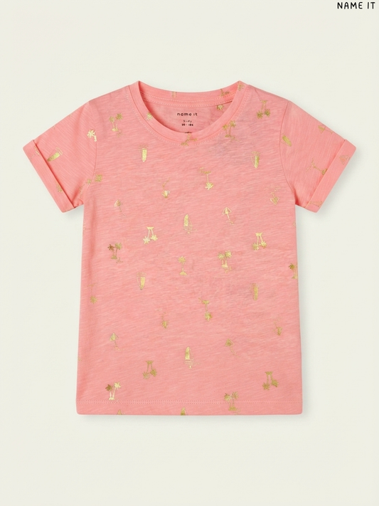 Name It Foil-Print Tropical Girls' T-Shirt (Coral Pink)