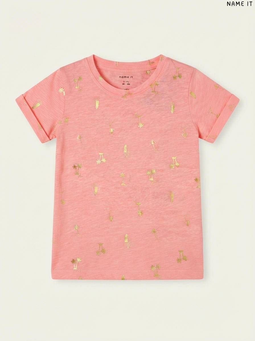 Name It Foil-Print Tropical Girls' T-Shirt (Coral Pink)
