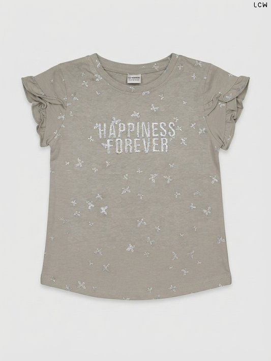 LCW "Happiness Forever" Butterfly Foil-Print Girls' T-Shirt (Taupe)