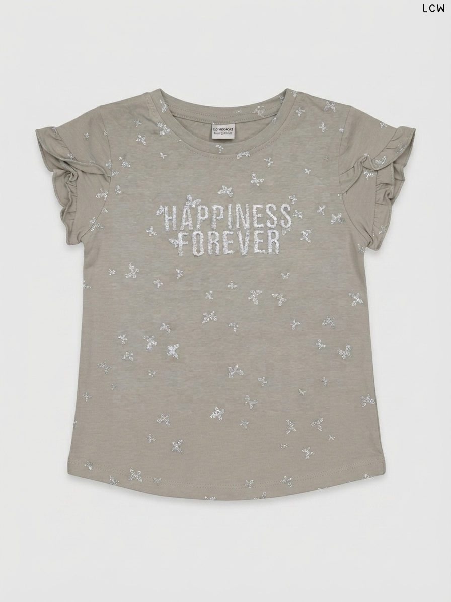LCW "Happiness Forever" Butterfly Foil-Print Girls' T-Shirt (Taupe)