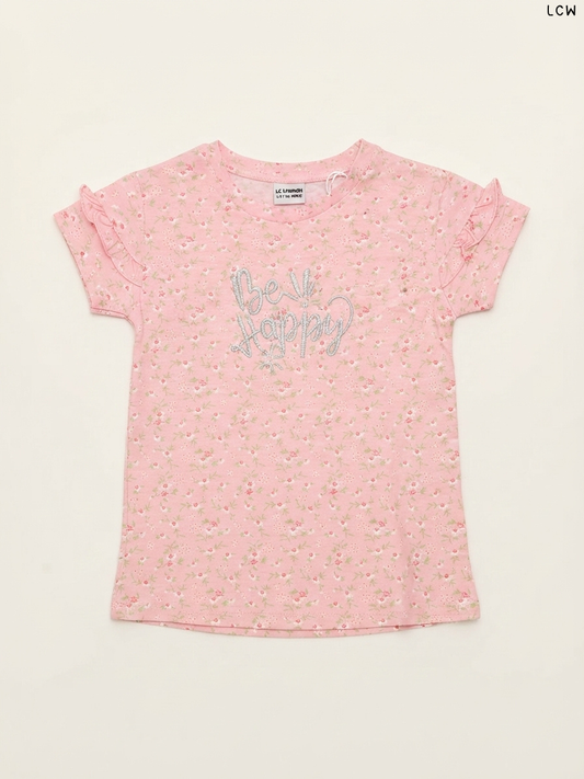 LCW "Be Happy" Floral Ruffle-Sleeve Girls' T-Shirt (Pink)
