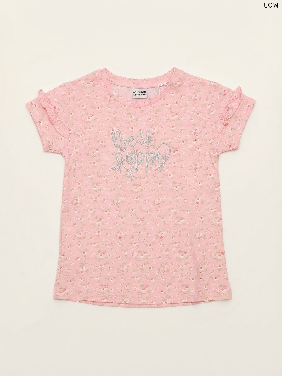LCW "Be Happy" Floral Ruffle-Sleeve Girls' T-Shirt (Pink)