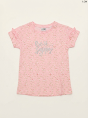 LCW "Be Happy" Floral Ruffle-Sleeve Girls' T-Shirt (Pink)