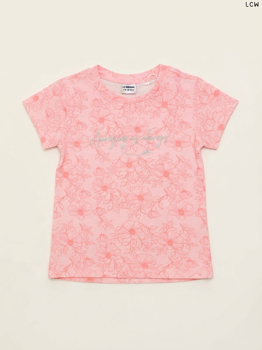 LCW Floral Outline Script Girls' T-Shirt (Pink)