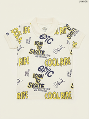 Junior - Boys All-Over Typography Print Polo Shirt (Off-White)