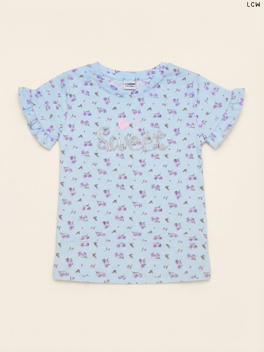 LCW "Sweet" Floral Ruffle-Sleeve Girls' T-Shirt (Light Blue)