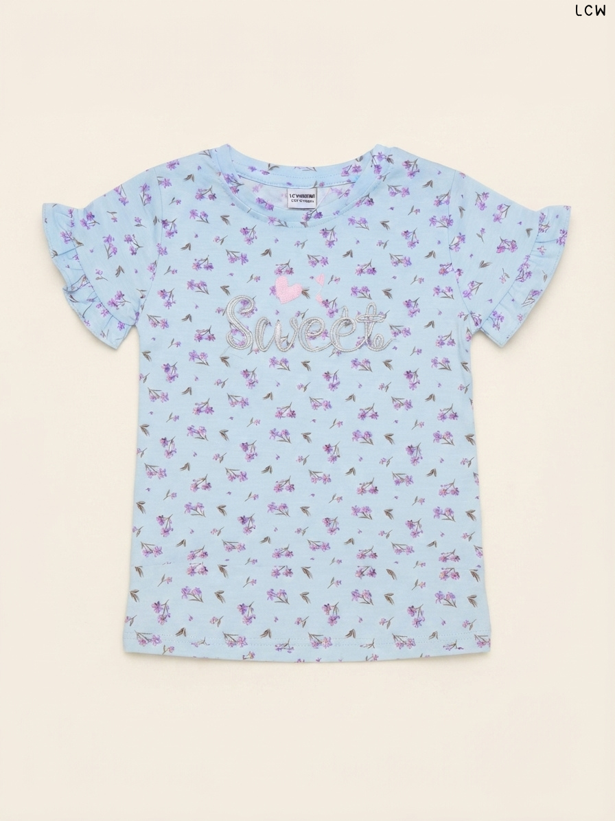 LCW "Sweet" Floral Ruffle-Sleeve Girls' T-Shirt (Light Blue)