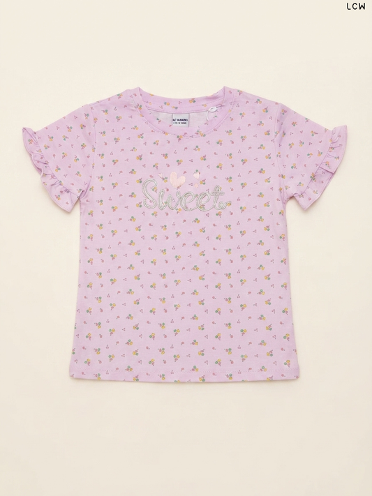 LCW "Sweet" Floral Ruffle-Sleeve Girls' T-Shirt (Lilac)