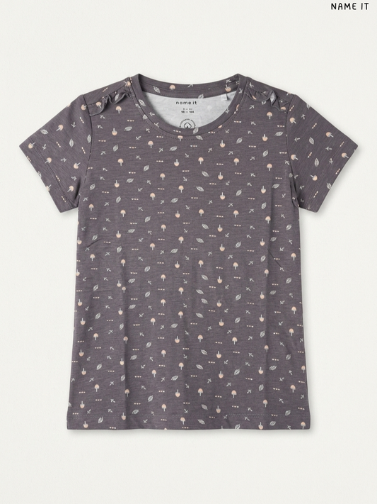 Name It Mushroom & Leaf Print Girls' T-Shirt (Charcoal Gray)