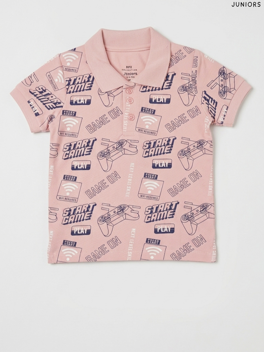 Juniors - Boys Gaming Print Polo Shirt (Dusty Pink)