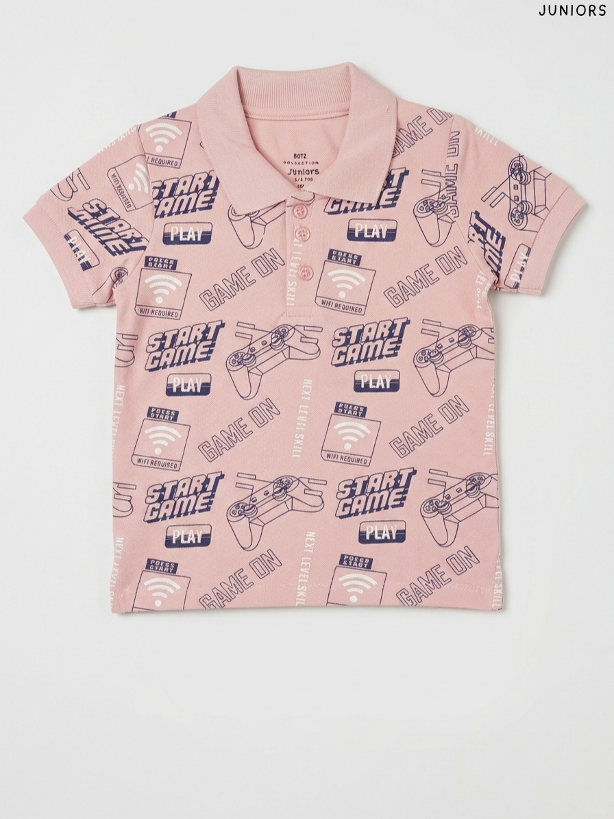 Juniors - Boys Gaming Print Polo Shirt (Dusty Pink)