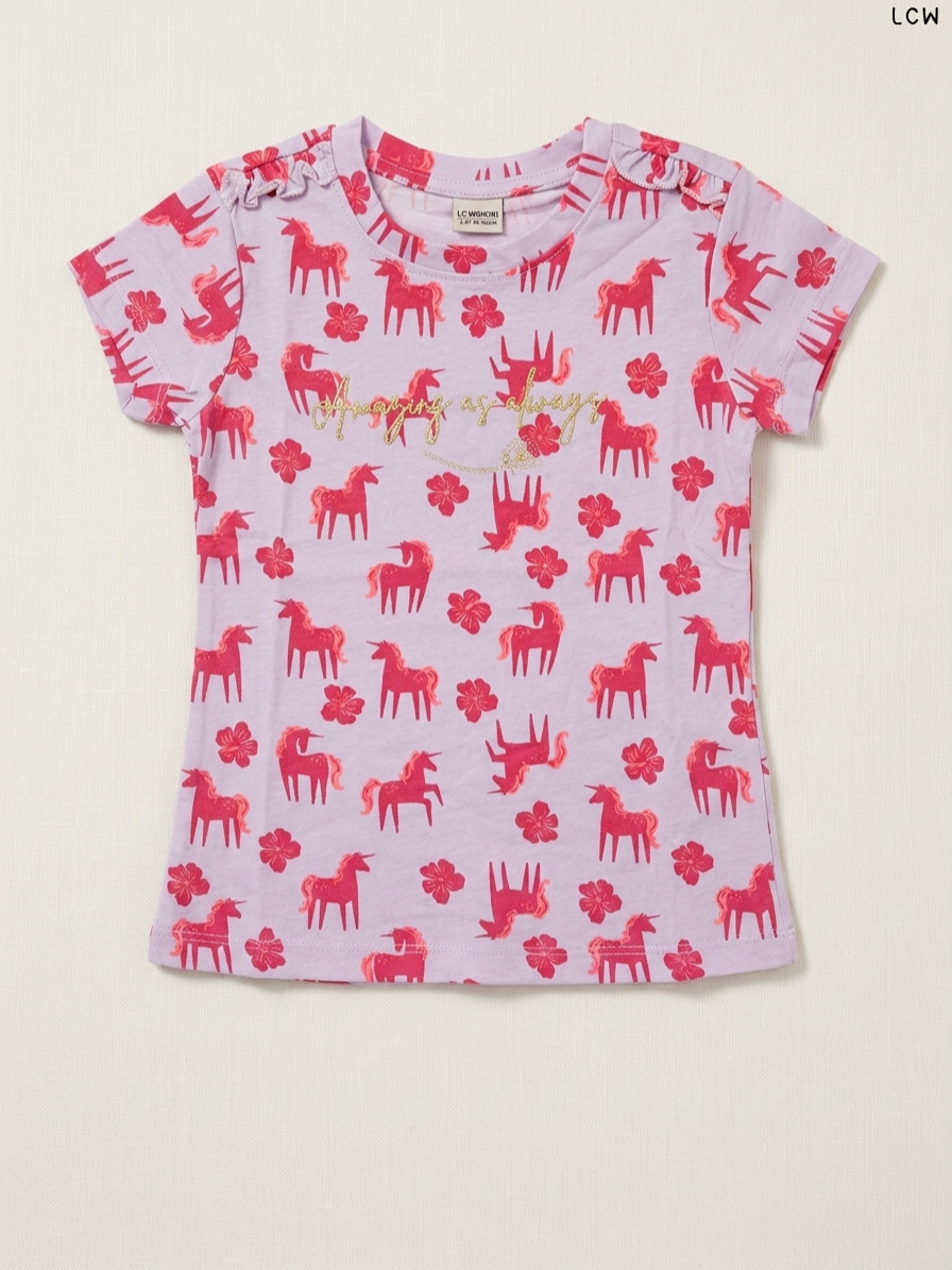 LCW Unicorn & Flower Print Girls' T-Shirt (Lilac)