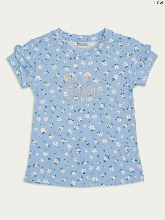 LCW "Be Happy" Floral Ruffle-Sleeve Girls' T-Shirt (Light Blue)