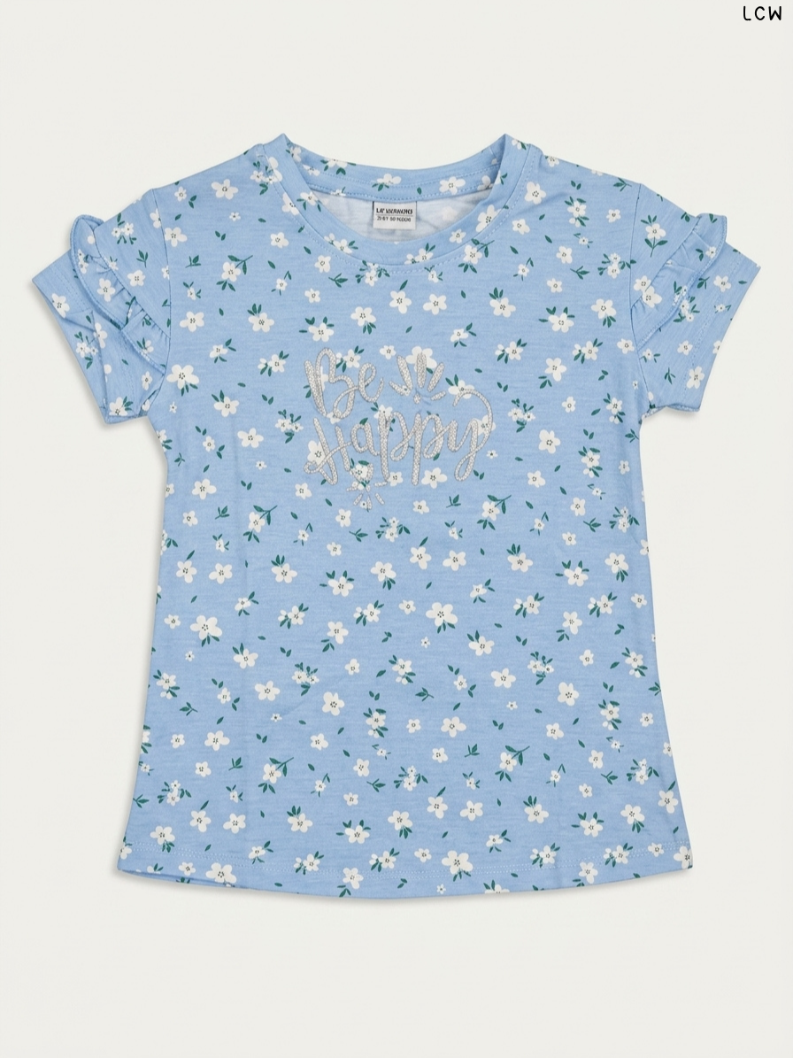 LCW "Be Happy" Floral Ruffle-Sleeve Girls' T-Shirt (Light Blue)