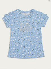 LCW "Be Happy" Floral Ruffle-Sleeve Girls' T-Shirt (Light Blue)