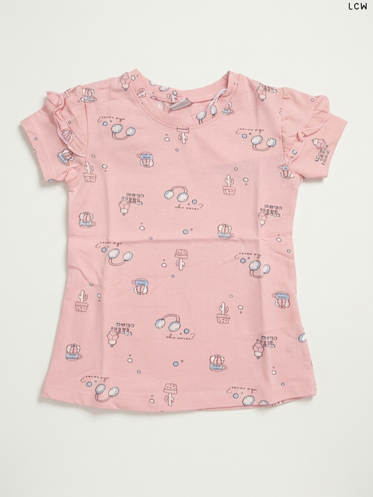 LCW Cactus & Earmuff Print Ruffle-Sleeve Girls' T-Shirt (Pink)
