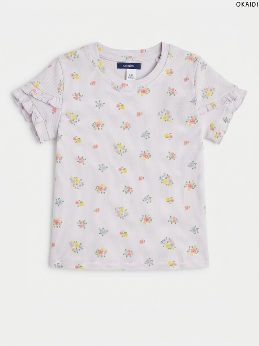 Okaïdi Floral Ribbed Ruffle-Sleeve Girls' T-Shirt (Lilac)