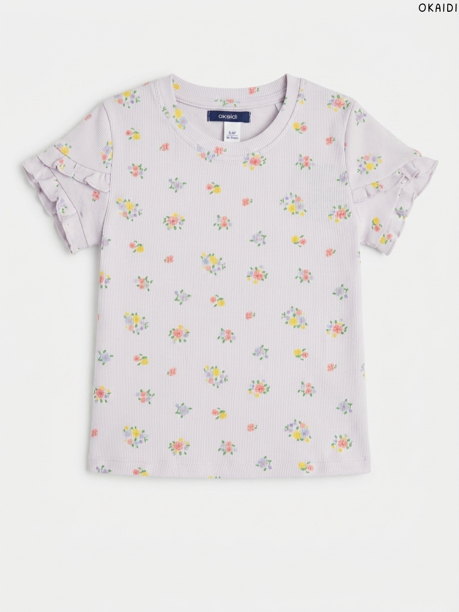 Okaïdi Floral Ribbed Ruffle-Sleeve Girls' T-Shirt (Lilac)