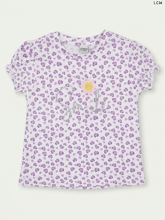 LCW "Smile" Heart Print Girls' T-Shirt (White and Purple)