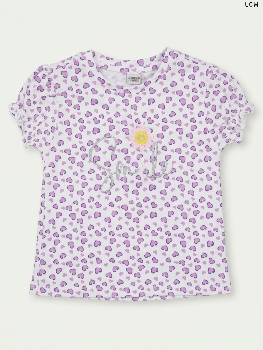 LCW "Smile" Heart Print Girls' T-Shirt (White and Purple)