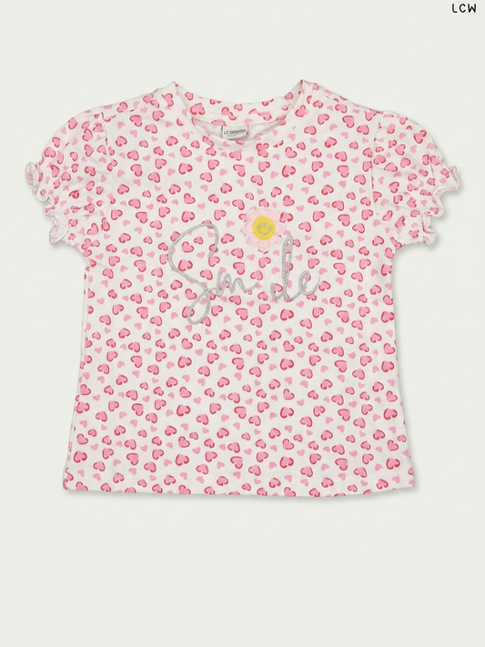 LCW "Smile" Heart Print Girls' T-Shirt (White and Pink)