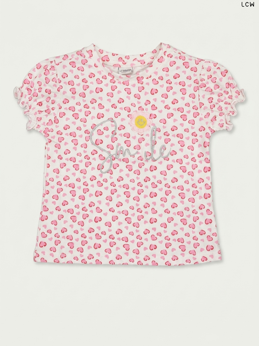 LCW "Smile" Heart Print Girls' T-Shirt (White and Pink)