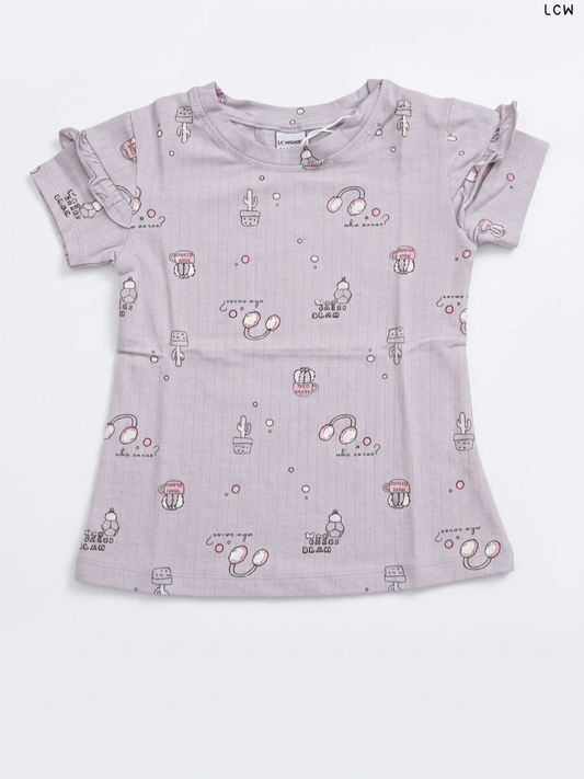 LCW Cactus & Earmuff Print Ruffle-Sleeve Girls' T-Shirt (Lilac)