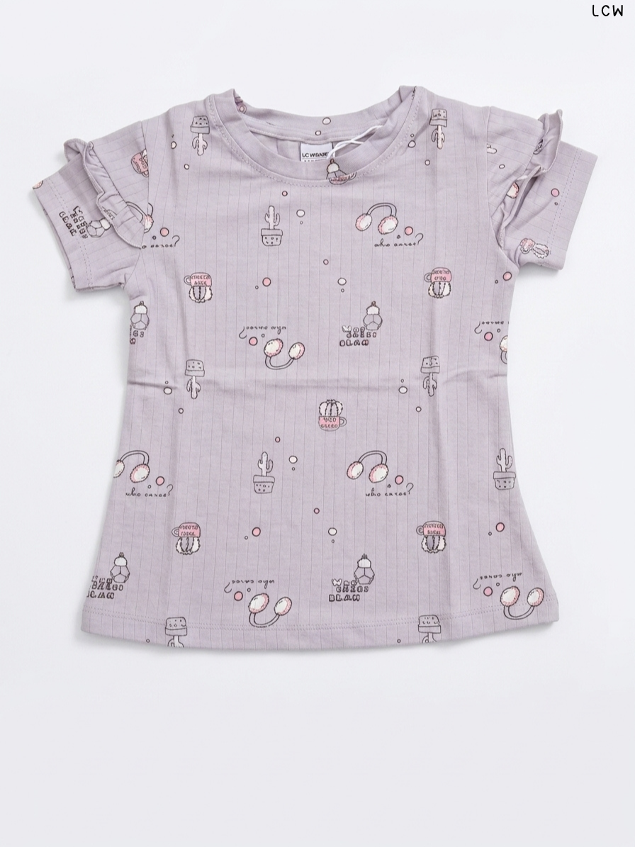 LCW Cactus & Earmuff Print Ruffle-Sleeve Girls' T-Shirt (Lilac)
