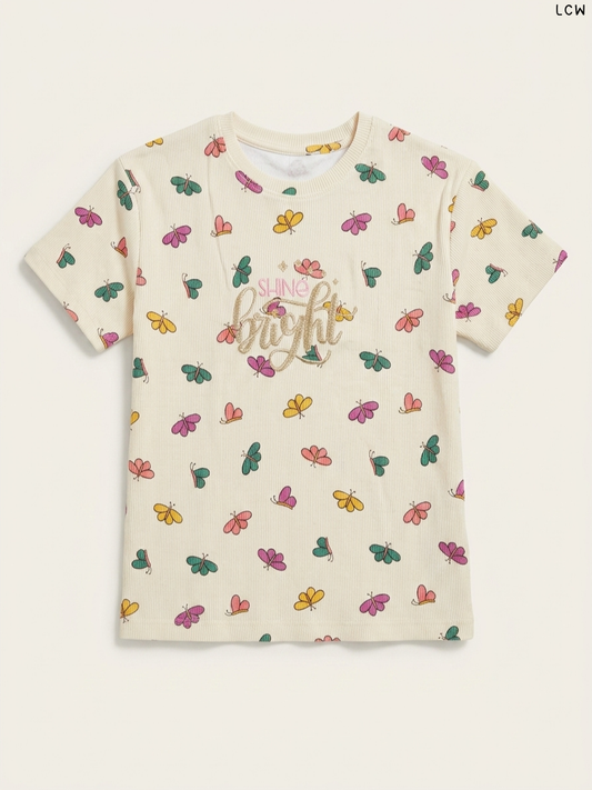 LCW "Shine Bright" Butterfly Print Girls' T-Shirt (Cream)