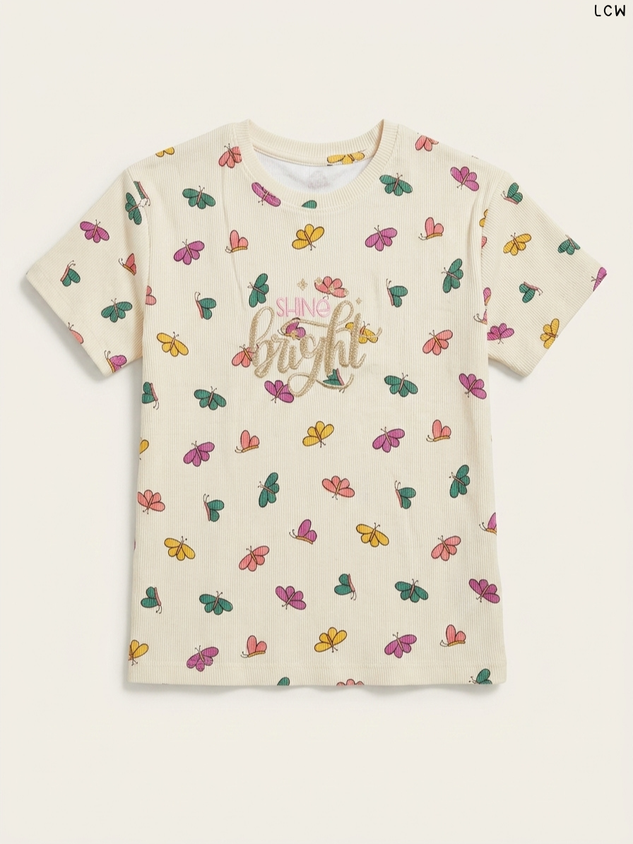 LCW "Shine Bright" Butterfly Print Girls' T-Shirt (Cream)