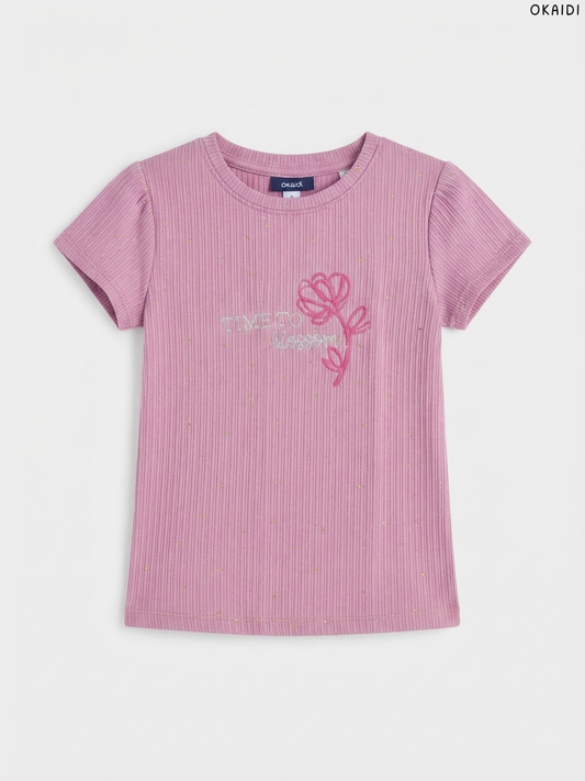 OKAIDI Girls' Mauve Pink "Time to Blossom" Ribbed T-Shirt | Casual Summer Wear