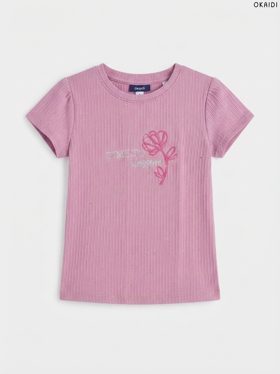 OKAIDI Girls' Mauve Pink "Time to Blossom" Ribbed T-Shirt | Casual Summer Wear
