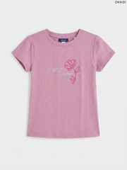 OKAIDI Girls' Mauve Pink "Time to Blossom" Ribbed T-Shirt | Casual Summer Wear