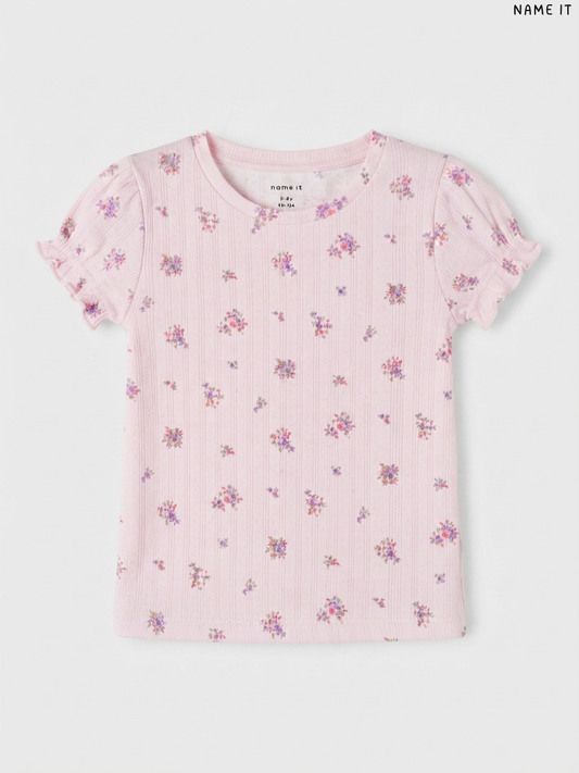 NAME IT Kids' Light Pink Floral Print Ribbed T-Shirt | Casual Summer Wear