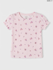 NAME IT Kids' Light Pink Floral Print Ribbed T-Shirt | Casual Summer Wear