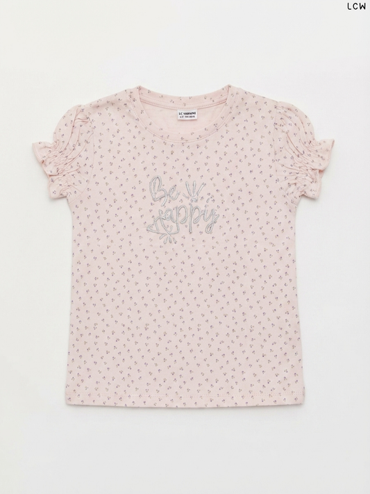 LCW Kids' Light Pink Floral Print "Be Happy" T-Shirt | Casual Summer Wear