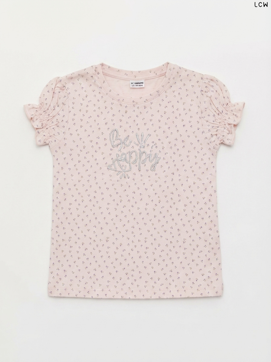 LCW Kids' Light Pink Floral Print "Be Happy" T-Shirt | Casual Summer Wear