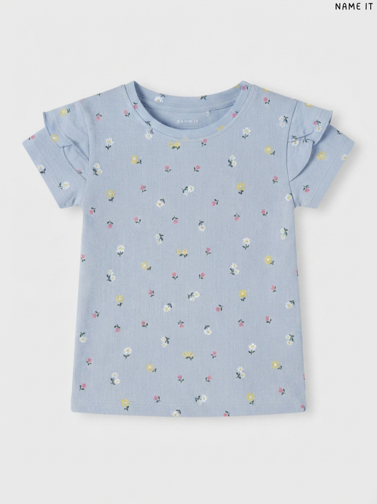 NAME IT Kids' Light Blue Floral Print Ruffle-Sleeve T-Shirt | Casual Summer Wear