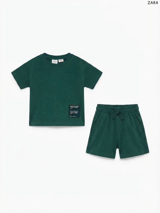 ZARA Kids' Dark Green T-Shirt and Shorts Set | Casual Summer Activewear