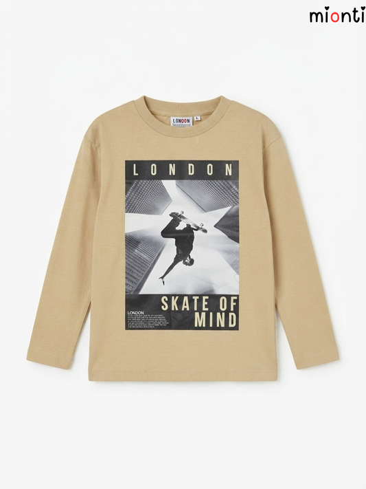 Kids' Beige "LONDON SKATE OF MIND" Graphic Long-Sleeve T-Shirt – mionti