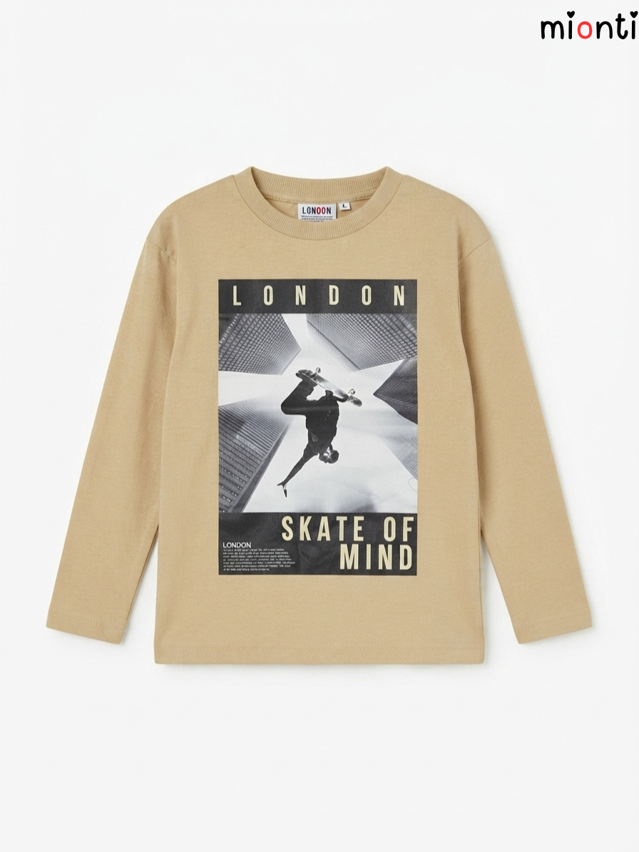 Kids' Beige "LONDON SKATE OF MIND" Graphic Long-Sleeve T-Shirt – mionti