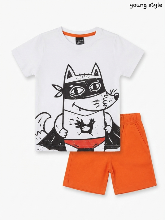 Kids' White and Orange Superhero Fox Graphic T-Shirt and Shorts Set – young style