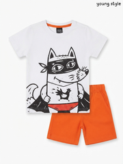 Kids' White and Orange Superhero Fox Graphic T-Shirt and Shorts Set – young style