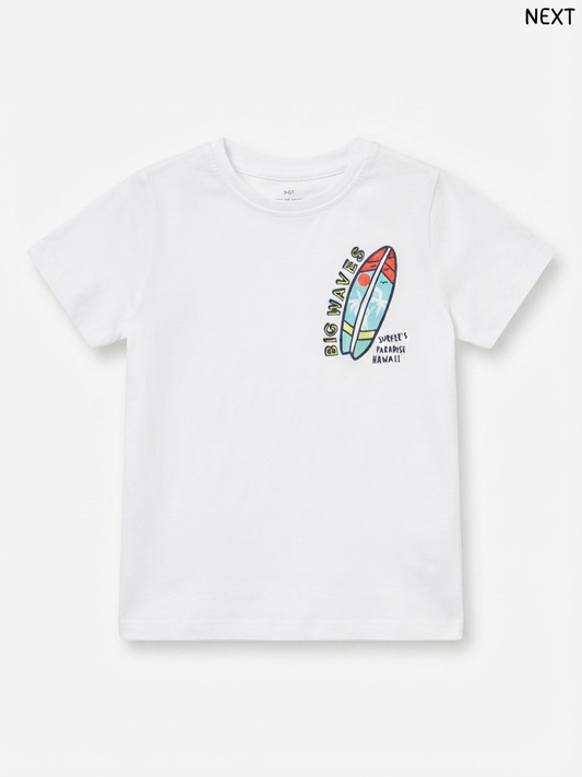 Kids' White "BIG WAVES" Surfboard Graphic T-Shirt – NEXT
