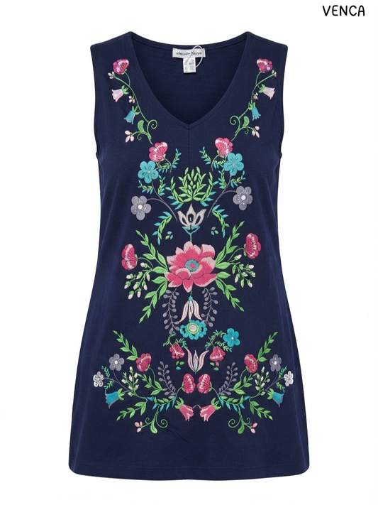 Venca – Women’s Navy Blue V-Neck Sleeveless Floral Embroidered Top / Camiseta sin mangas bordada.