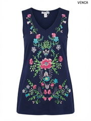 Venca – Women’s Navy Blue V-Neck Sleeveless Floral Embroidered Top / Camiseta sin mangas bordada.