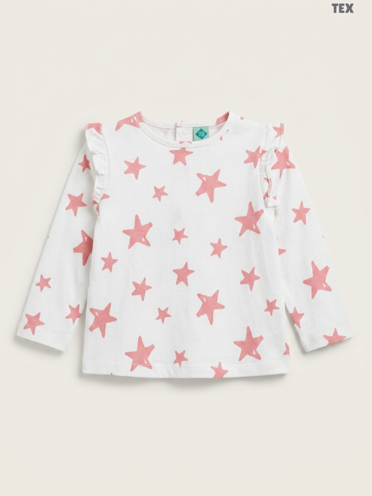 TEX Kids Long-Sleeve Star-Print Ruffle Top – White & Pink