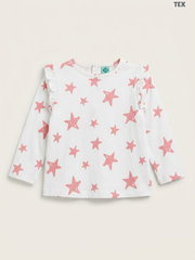 TEX Kids Long-Sleeve Star-Print Ruffle Top – White & Pink